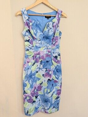 Adrianna Papell Blue Floral Midi Dress w Purple & Green Accents Women's Size 6